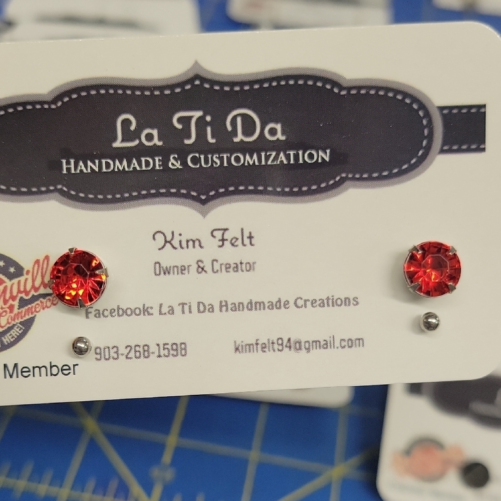 Red Gem & Silver Stud Earrings Set of 2
